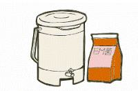 把手と蓋がついている専用バケツとEM菌と書かれた袋のイラスト