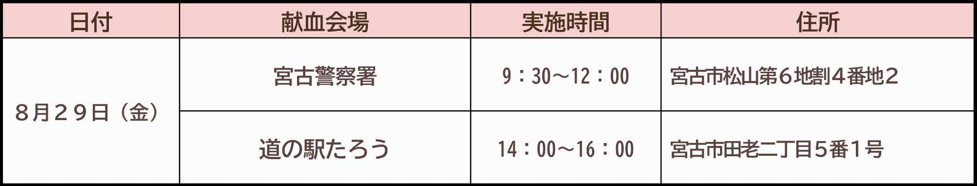 令和7年8月に宮古市にて行う献血の日程です。8月29日金曜日、午前に宮古警察署、午後に道の駅たろうで行う予定です。