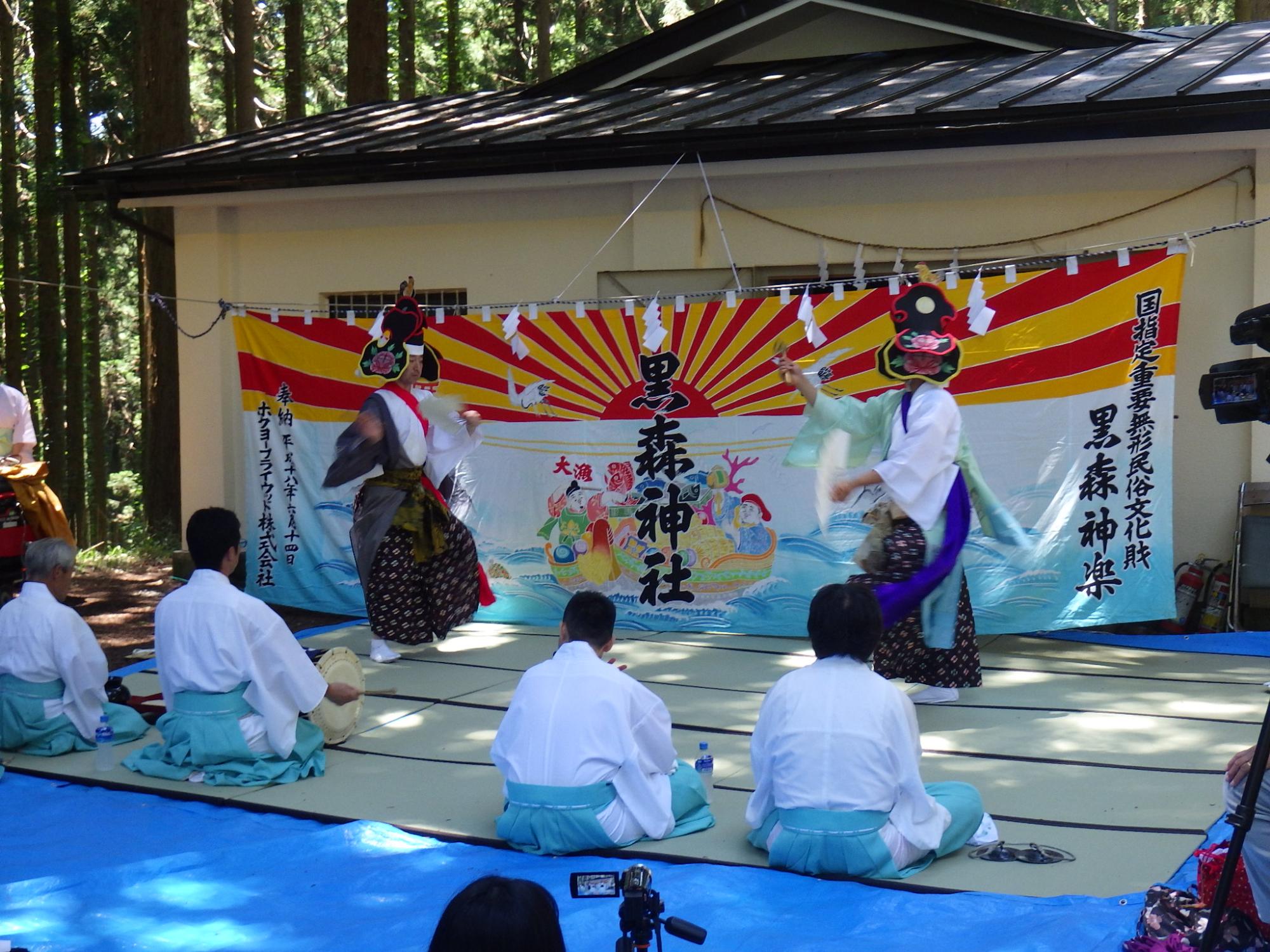 黒森神社と書かれた幕の前で、頭に衣装をつけた2名の男性が踊り、その後ろで水色の袴をきた人が笛や太鼓を演奏している写真