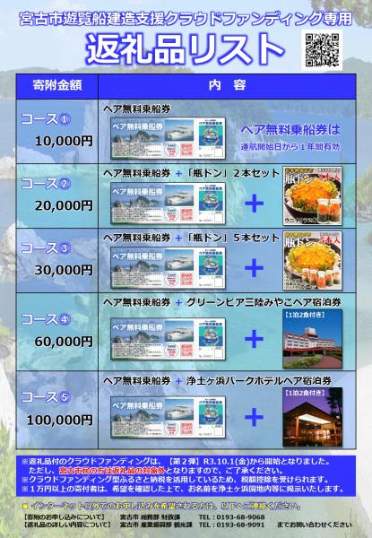宮古市遊覧船建造支援クラウドファンディング専用 返礼品リストのチラシ