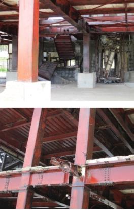 たろう観光ホテルの建物の1.2階部分が破壊され、鉄柱のみになってしまった状態のアップ写真