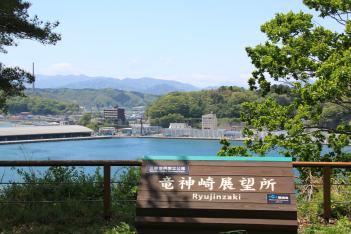 竜神崎展望台と書かれた看板の横に木があり、正面に海や街並みが見える景色の写真
