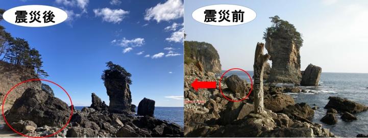 右：震災前、左：震災後の津波石が運ばれた位置を示した写真