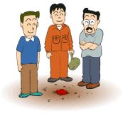土に赤い杭を打ちそれを3名の男性が見ているイラスト