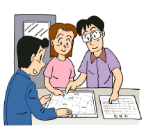 地図や地籍簿を広げ確認作業をしているイラスト