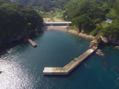 山々に囲まれた先に広がる大沢地区の日出島漁港の海へと伸びる防波堤の様子を上空から撮影した写真