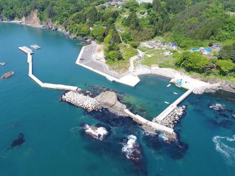 山沿いに広がる日出島地区の日出島漁港の防波堤の様子を上空から撮影した写真