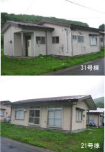 ベージュ色の外壁で平屋の31号棟と21号棟の外観写真