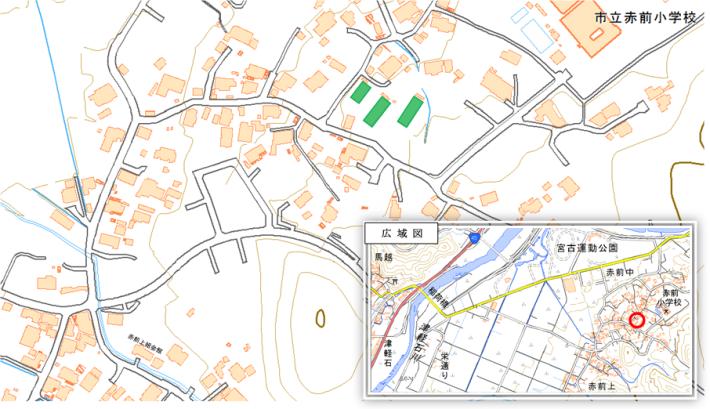 赤前住宅の周辺地図を赤で囲った、市営住宅の位置図