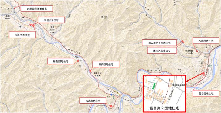 蟇目第2団地住宅の周辺地図を赤で囲った、市営住宅の位置図