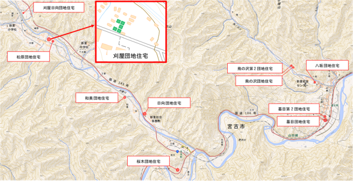刈屋団地住宅の周辺地図を赤で囲った、市営住宅の位置図