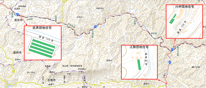 区界、川井、江繋団地住宅の周辺地図を赤で囲った、市営住宅の位置図