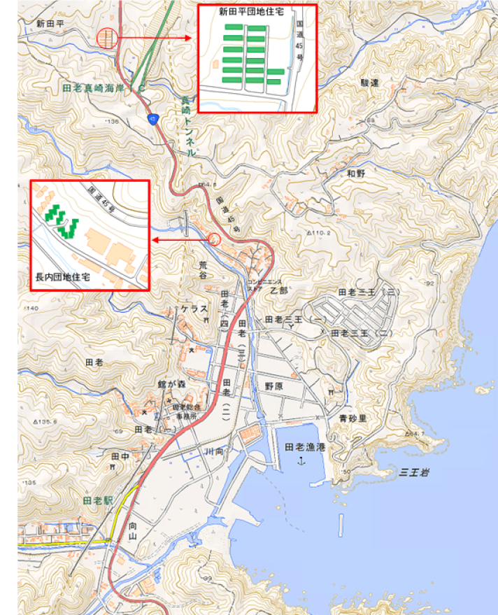 新田平、長内団地住宅の周辺地図を赤で囲った、市営住宅の位置図
