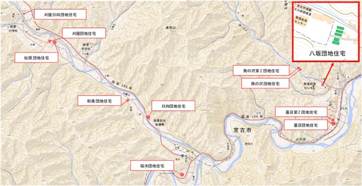 八坂団地住宅の周辺地図を赤で囲った、市営住宅の位置図