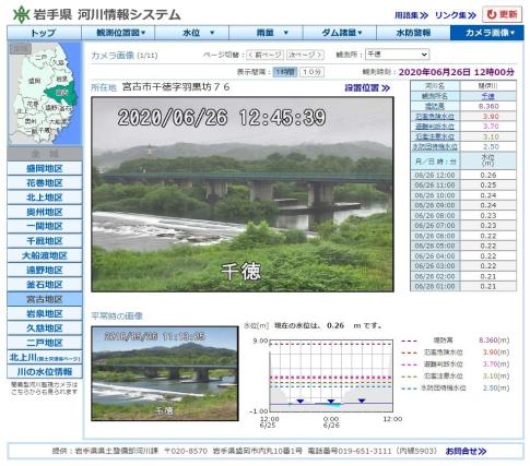 2020年6月26日の千徳川の様子が写し出された河川情報システムの画面を写した写真