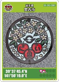 青空の下にリンゴとリンゴの花が描かれているマンホールの写真