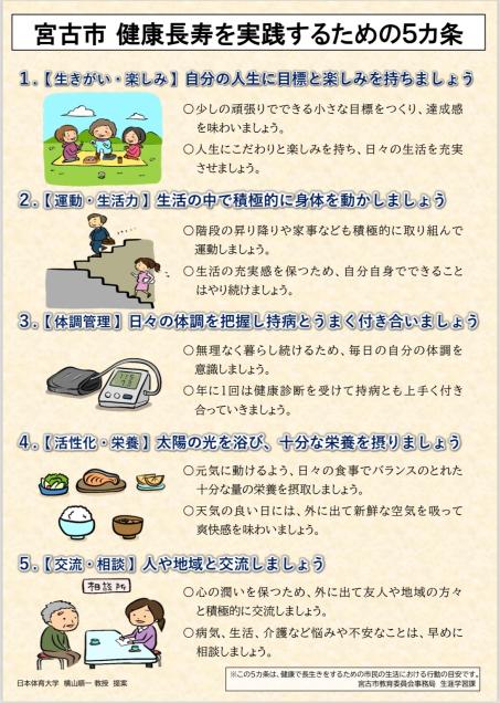 宮古市健康長寿を実践するための5か条を示したチラシ