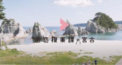 浄土ヶ浜の流紋岩を背景に遠恋複業課in宮古の文字が中央にある写真（「遠恋複業課in宮古（YouTube）））