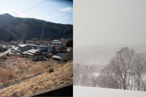 同じ日の宮古市の写真が真ん中で分かれていて、左側が晴れていて雪も積もっていない景色、右側が雪が降り積もっている景色の写真
