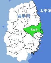 岩手県の地図の中の宮古市の位置を黄緑色で示した地図