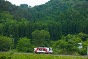 奥が山になっている道路を1台のバスが走っている写真