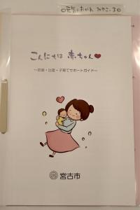 白い用紙に「こんにちは 赤ちゃん」と書かれ、赤ちゃんを抱いたお母さんのイラストが描かれた、宮古市妊娠・出産・子育てサポートガイドの表紙の写真