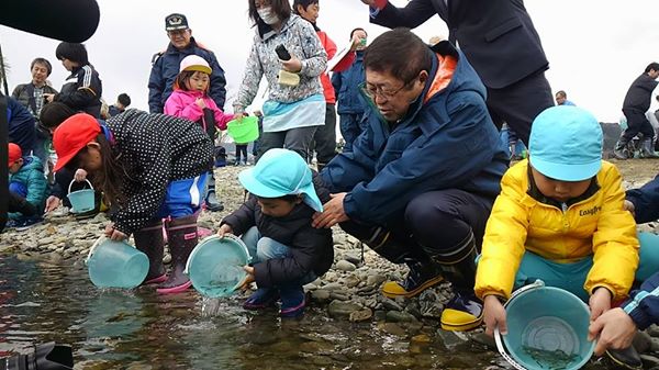 小さなバケツに入った鮭の稚魚を川に放流している小さな園児の肩を支えている市長の写真