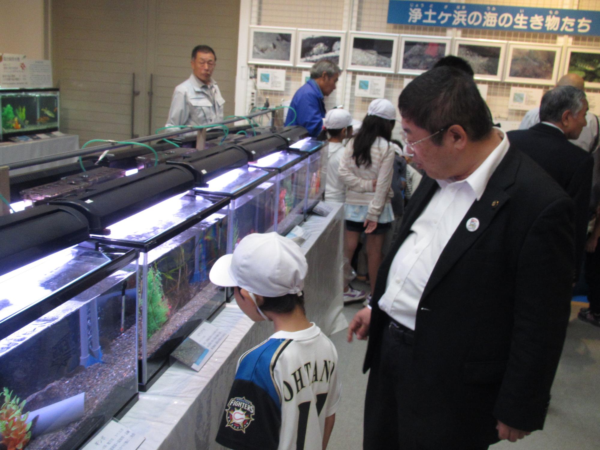 水槽に入った生き物を眺める男の子と市長の写真