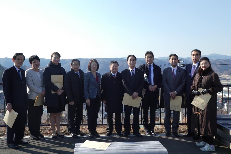 市街地が見渡せる高台の柵沿いに、参議院東日本大震災復興特別委員会の徳永エリ委員長と市長を中央に、9名の関係者が横一列に並んでいる写真